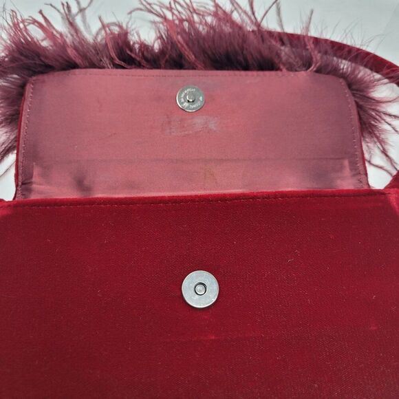 Vtg BeBe Red Maroon Wine Velvet Evening Bag Feather Fringe Formal Shoulder Bag - Picture 15 of 16